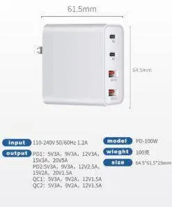 100W GaN 4 Port PD QC Wall Charger for MacBook Xiaomi Samsung