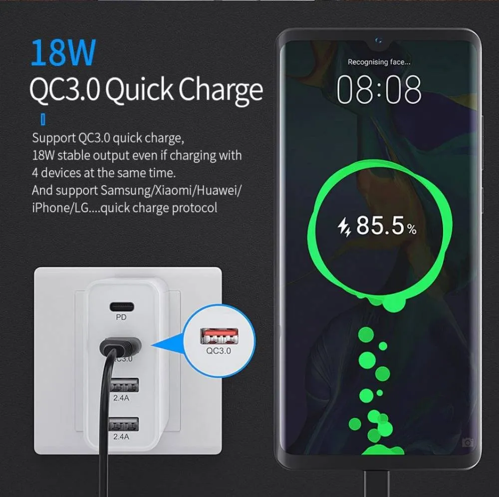 48W 4 Ports PD QC Type-C USB Wall Charger