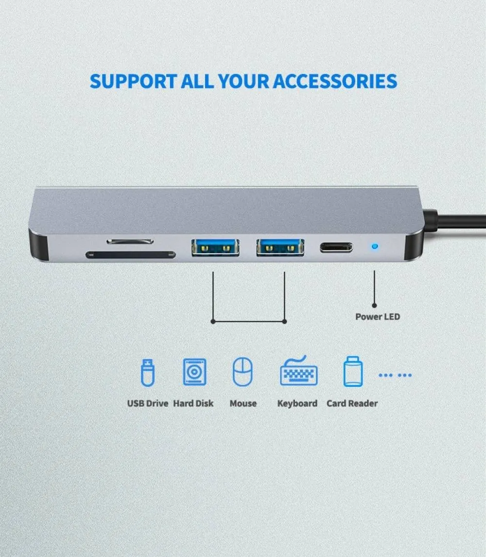 6 in 1 Type-C HDMI USB3.0 HUB Docking Station