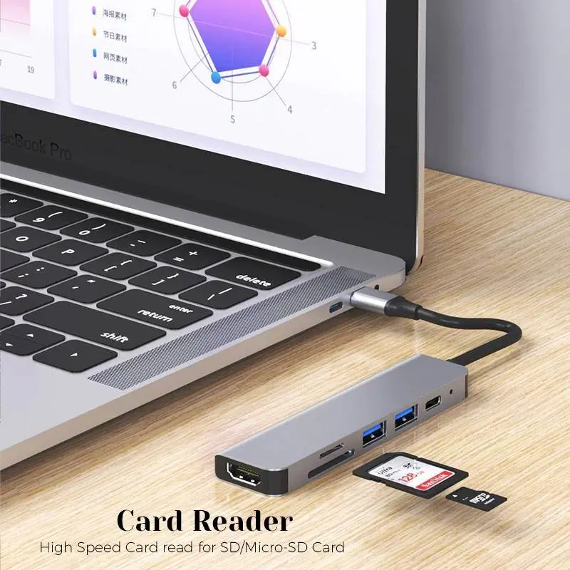 6 in 1 Type-C HDMI USB3.0 Micro SD card reader HUB Docking Station