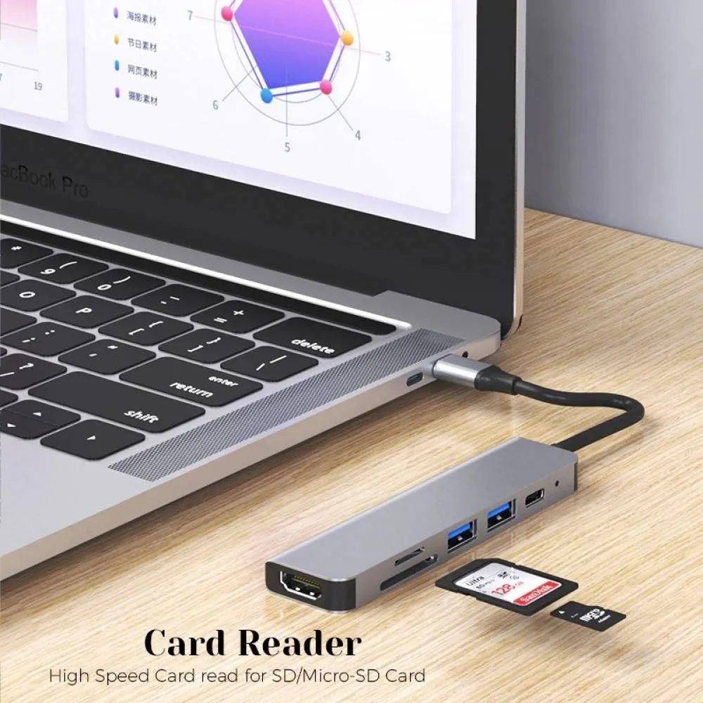 6 in 1 Type-C HDMI USB3.0 Micro SD card reader HUB Docking Station