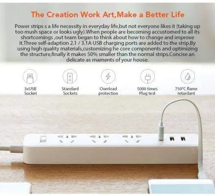 Xiaomi Power Extension Cord Household Lead with 3 USB 1.8M White