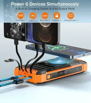 Solar Power Bank Wireless Charger 36000mAh Built-in Cables