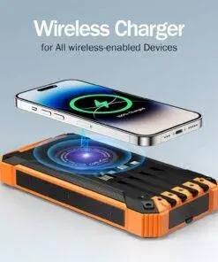 Solar Power Bank Wireless Charger 36000mAh Built-in Cables