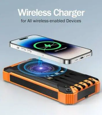 Solar Power Bank Wireless Charger 36000mAh Built-in Cables