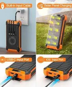 Solar Power Bank Wireless Charger 36000mAh Built-in Cables