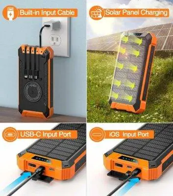 Solar Power Bank Wireless Charger 36000mAh Built-in Cables