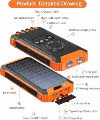 Solar Power Bank Wireless Charger 36000mAh Built-in Cables