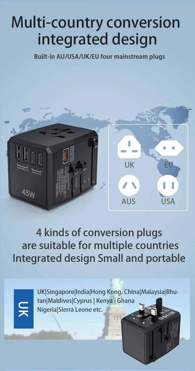 Universal GaN Travel Adapter PD Type-C 45W for MacBook laptop