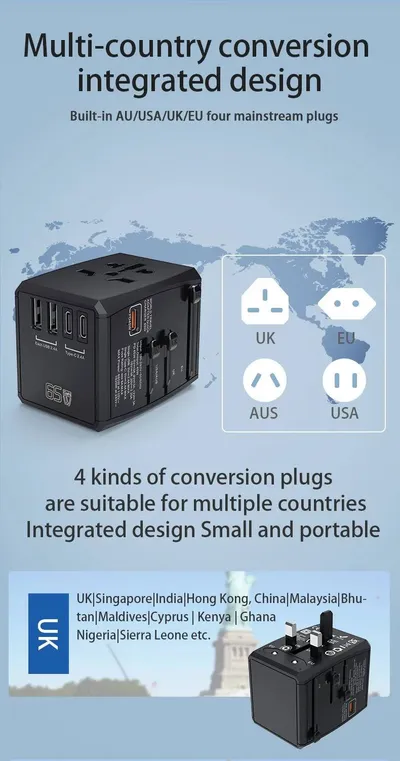 Universal GaN Travel Adapter PD Type-C 65W for MacBook laptop