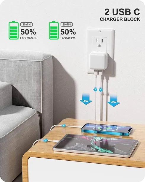 40W Dual USB-C Type-C PD Wall Charger Adapter for iPhone Samsung