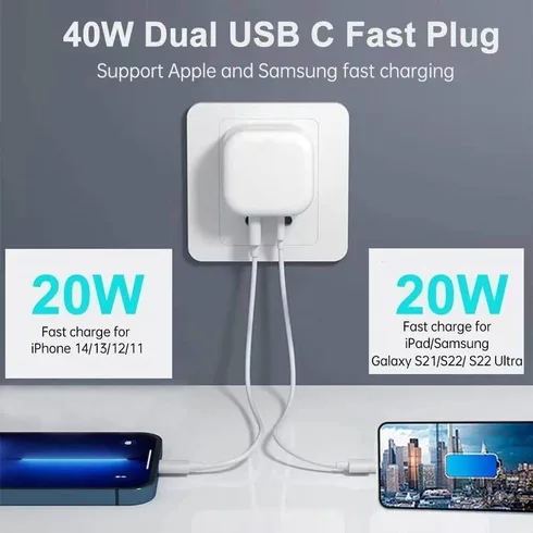 40W Dual USB-C Type-C PD Wall Charger Adapter for iPhone Samsung
