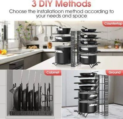 Adjustable 8 Tier Pan and Pot Lid Holder Rack