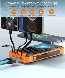 Solar Power Bank Wireless Charger 36000mAh Built-in Cables