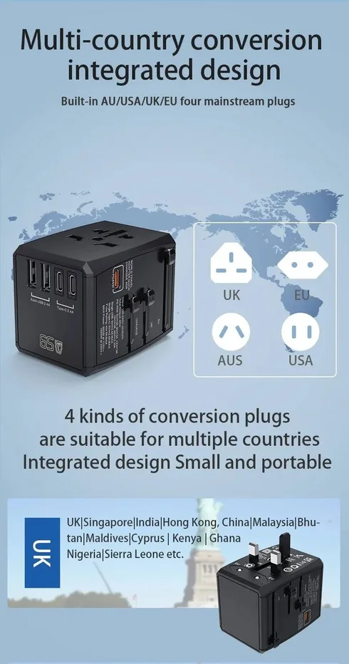 Universal GaN Travel Adapter PD Type-C 65W for MacBook laptop