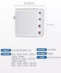 100W GaN 4 Port PD QC Wall Charger for MacBook Xiaomi Samsung