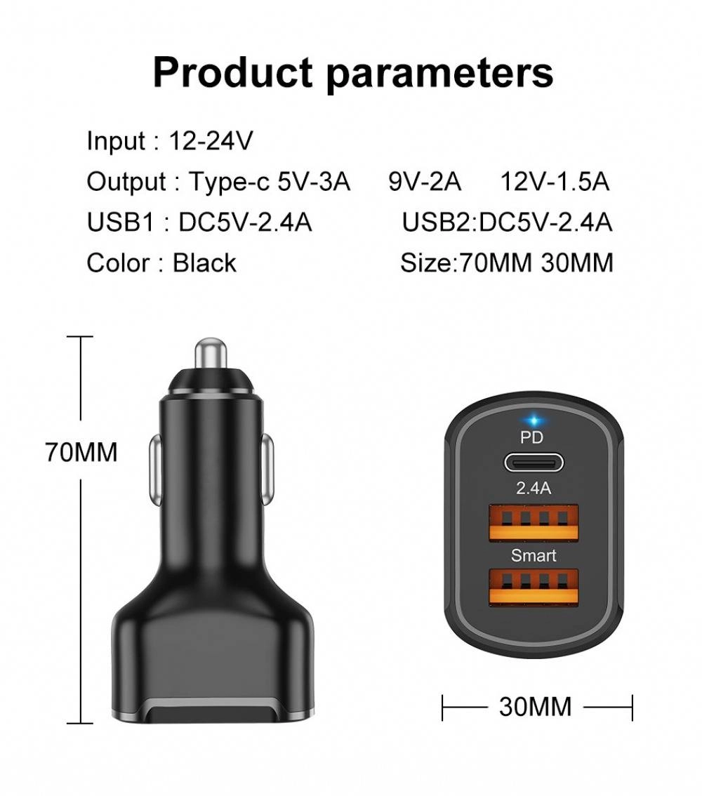 30w Fast Charging 3 Port Type-C PD USB Car Charger