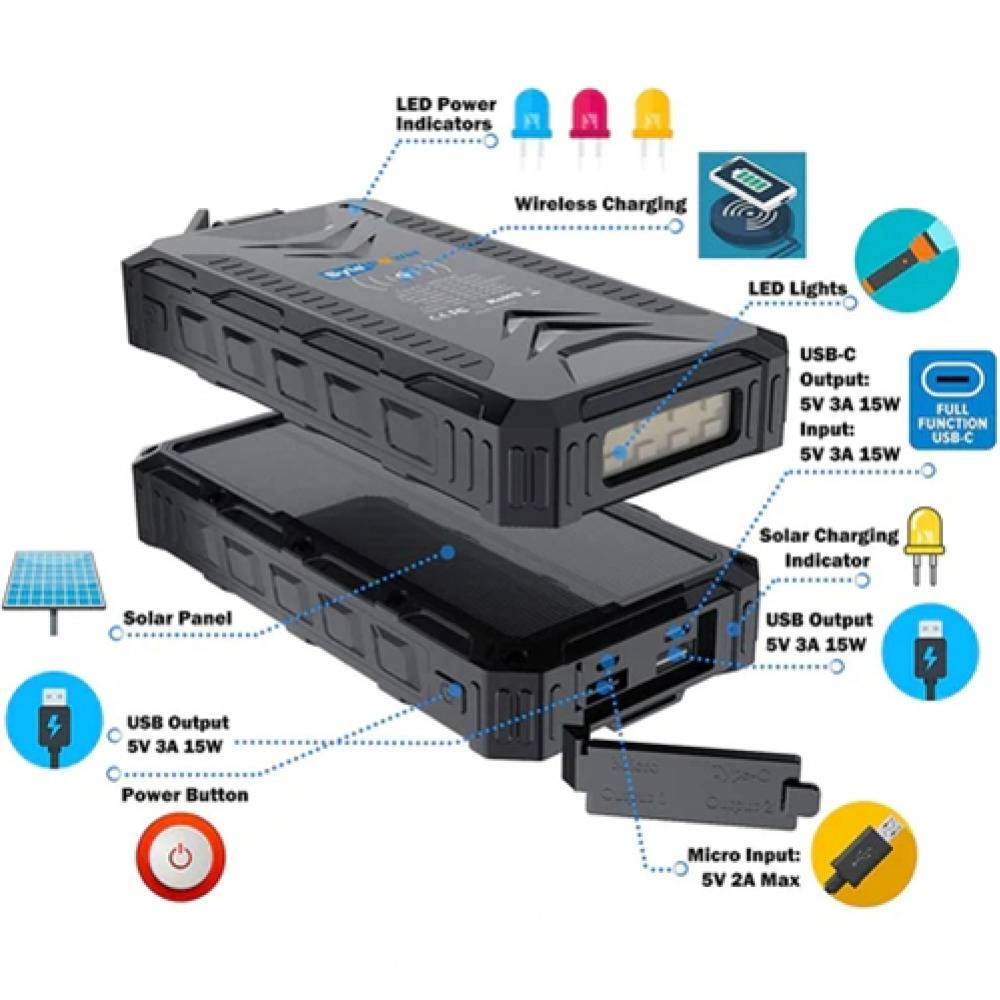 36000mAh Heavy Duty Solar Power Bank Wireless Type-C PD USB Charing