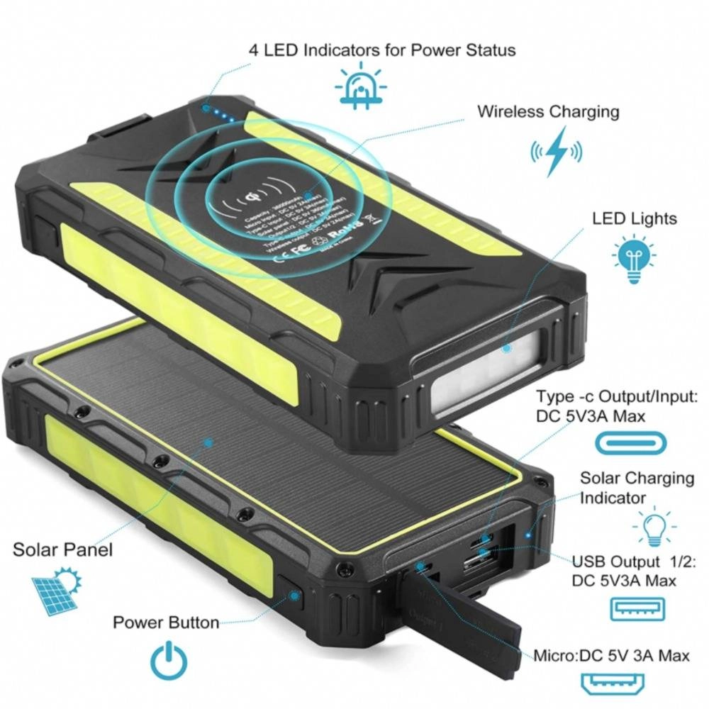 36000mAh Heavy Duty Solar Power Bank Wireless Type-C PD USB Charing