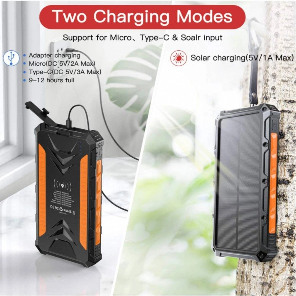 36000mAh Heavy Duty Solar Power Bank Wireless Type-C PD USB Charing
