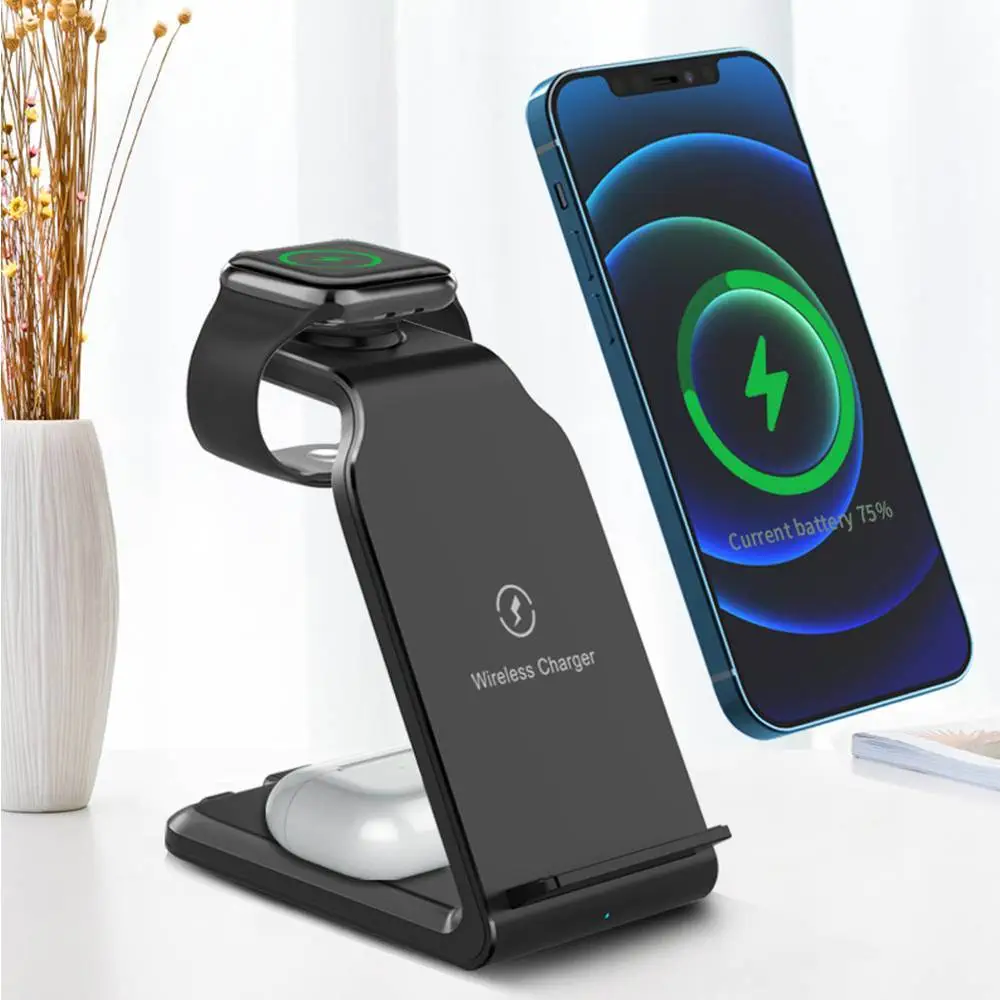 3 in 1 Wireless Charger Stand iPhone 12 Apple Watch AirPods Pro Android Black FREE SHIP