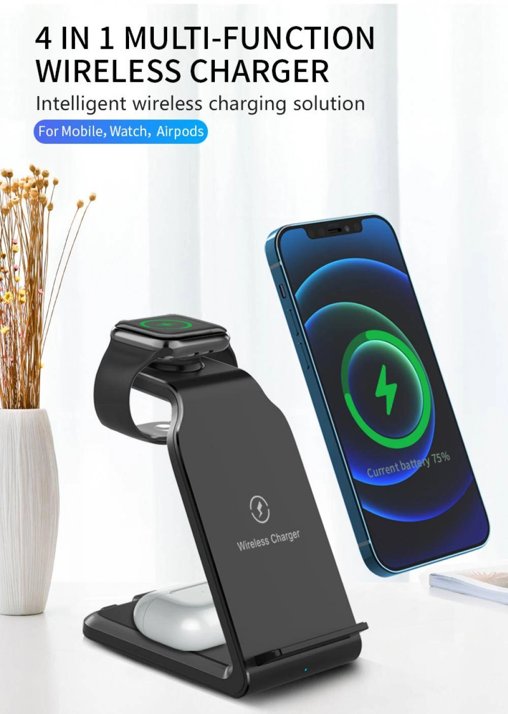 4 in 1 Wireless Charger Stand iPhone 13/14 Apple Watch 7 AirPods Pro Android Black