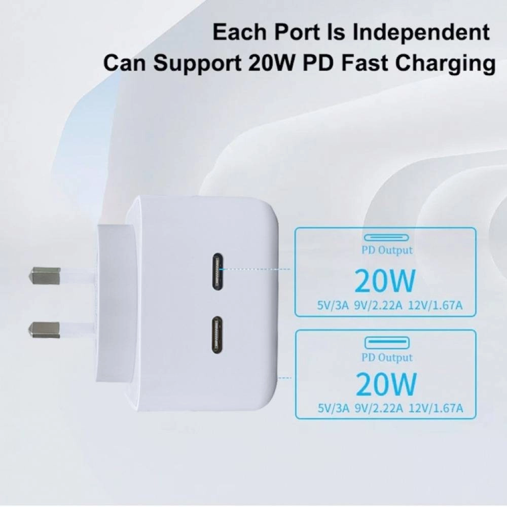 40W Dual USB-C Type-C PD Wall Charger Adapter for iPhone 15