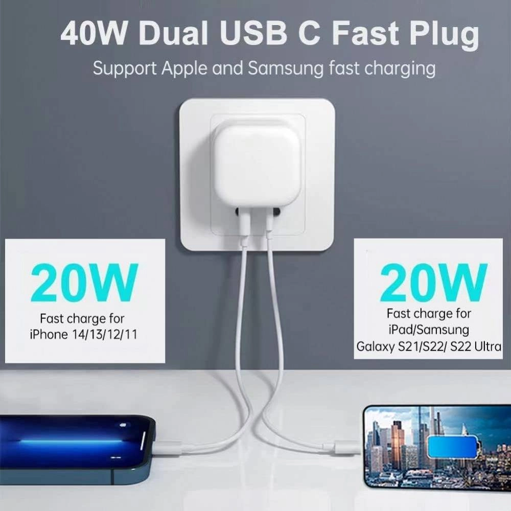 40W Dual USB-C Type-C PD Wall Charger Adapter for iPhone 15