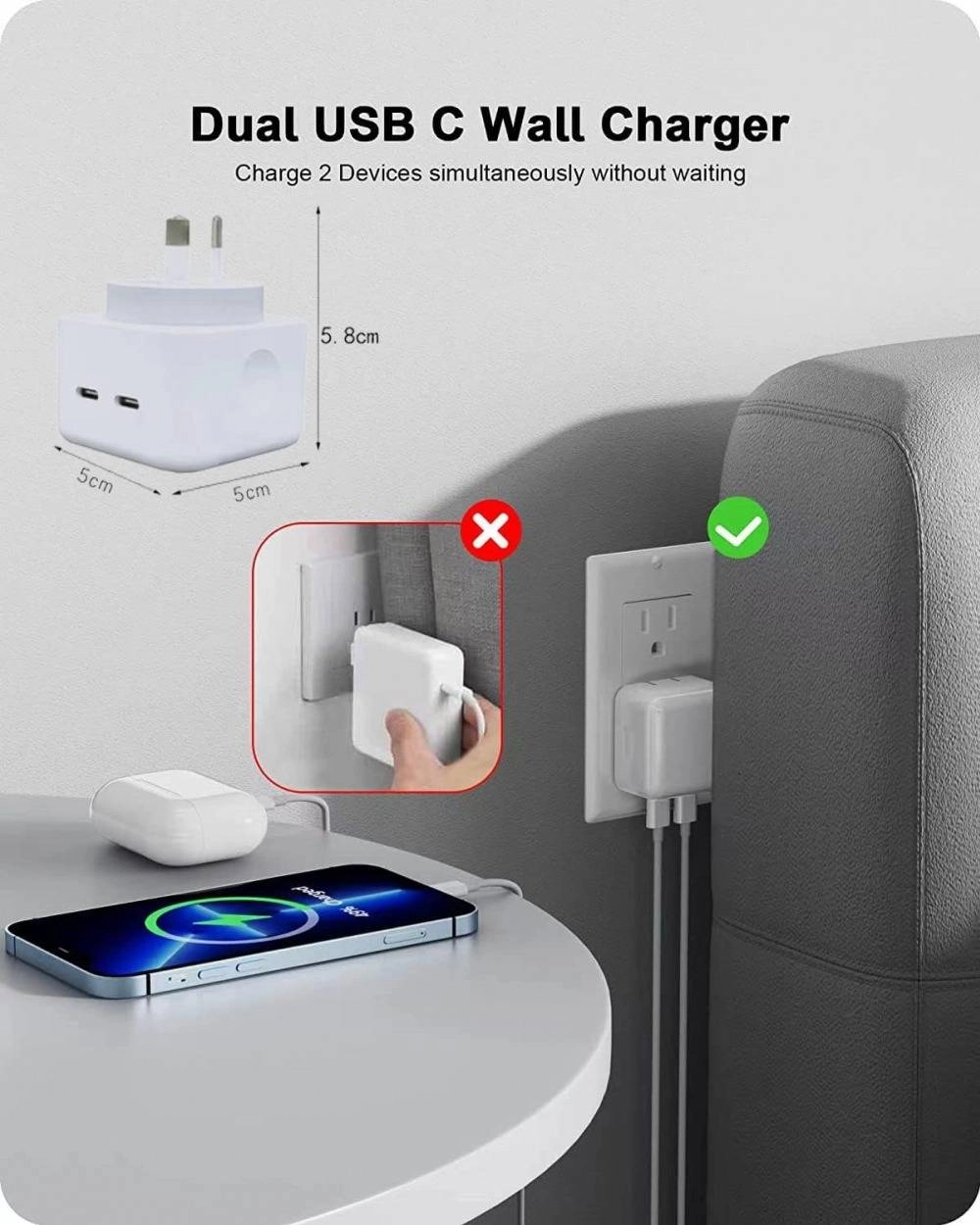 40W Dual USB-C Type-C PD Wall Charger Adapter for iPhone 15