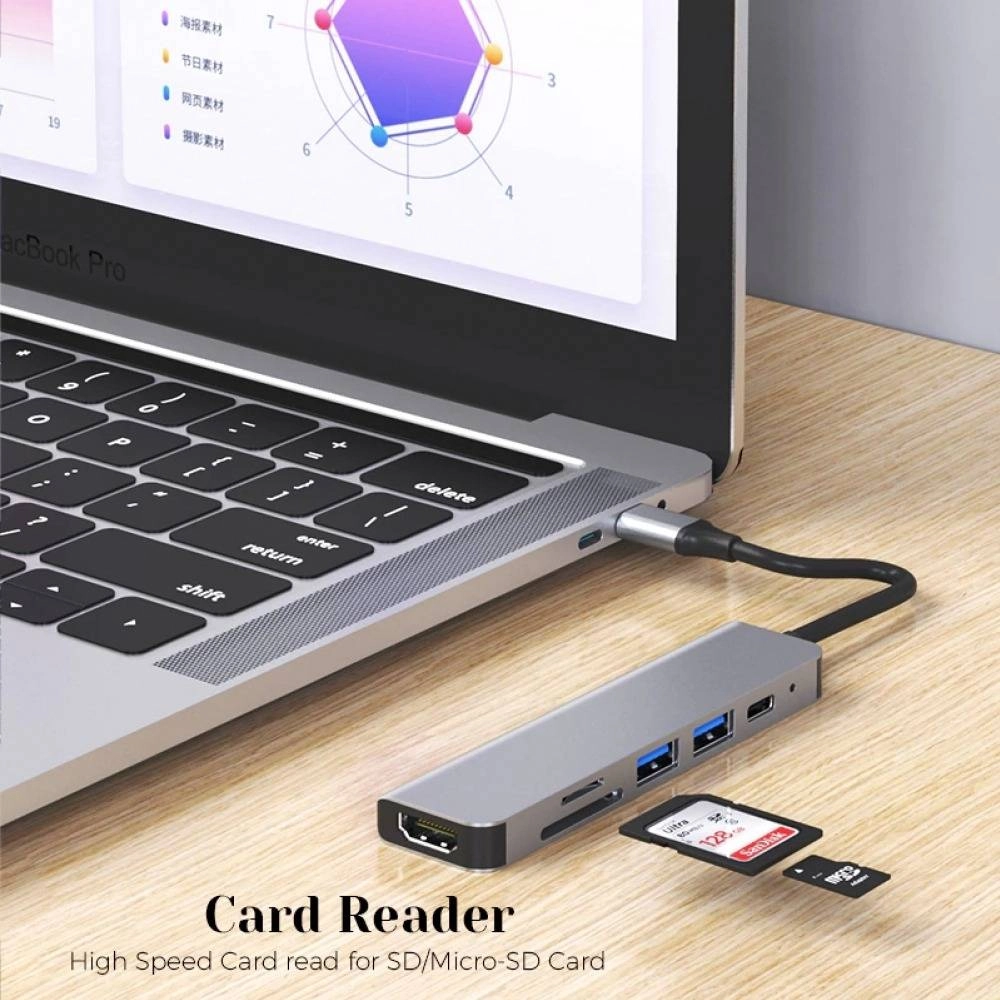 6 in 1 Type-C HDMI USB3.0 Micro SD card reader HUB Docking Station
