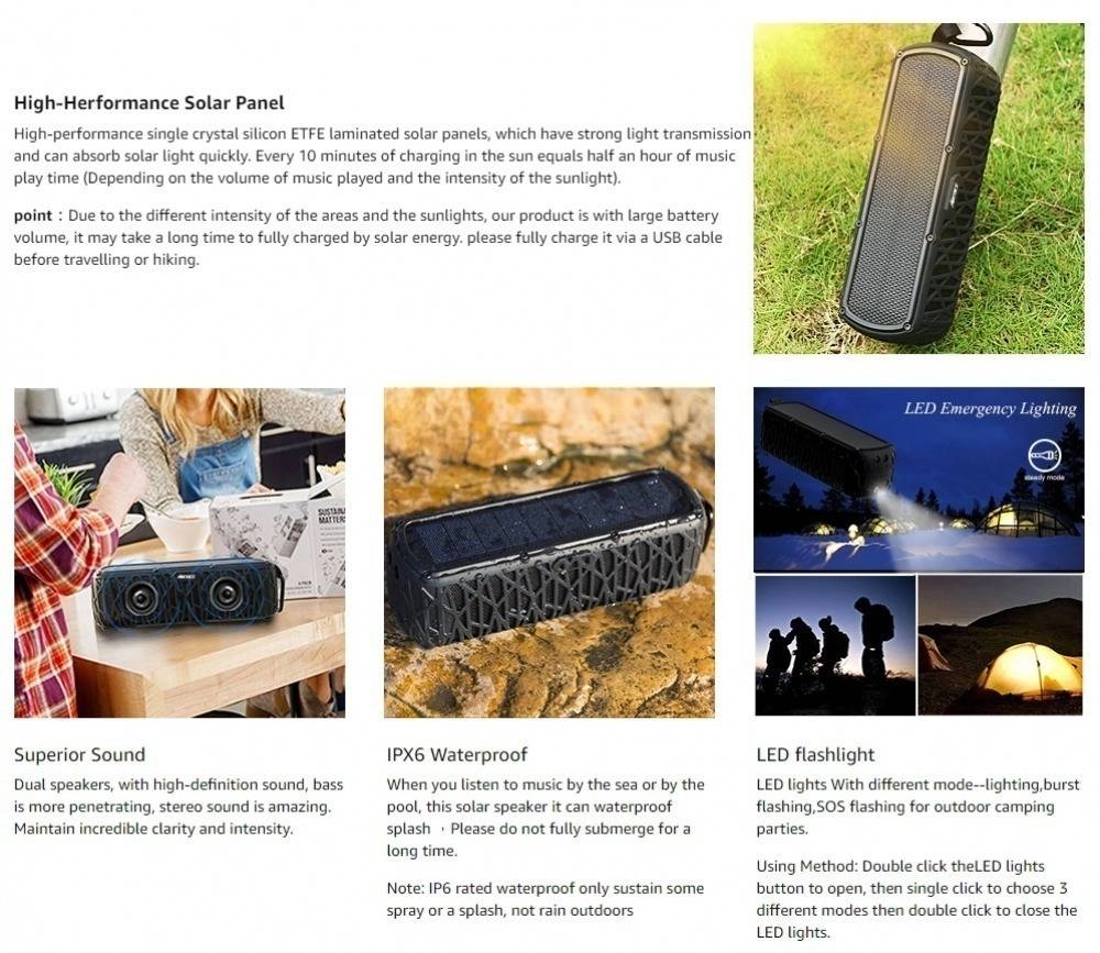 ABFOCE Outdoor Waterproof Solar Bluetooth Speaker