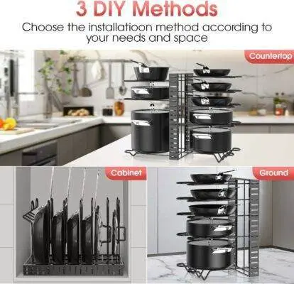 Adjustable 8 Tier Pan and Pot Lid Holder Rack