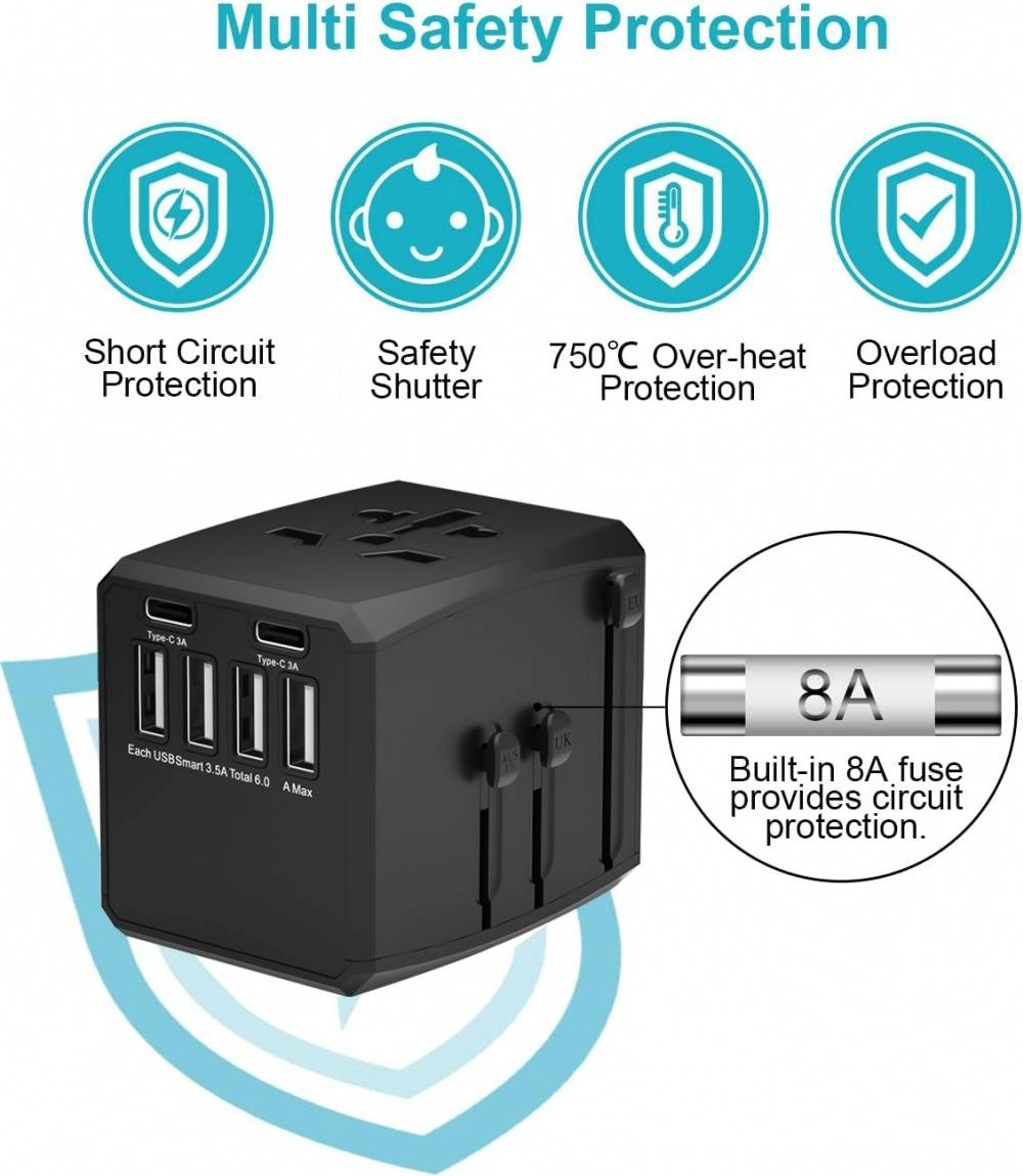 Global Universal Travel Adapter Convertor 4 USB 2 USB-C PD
