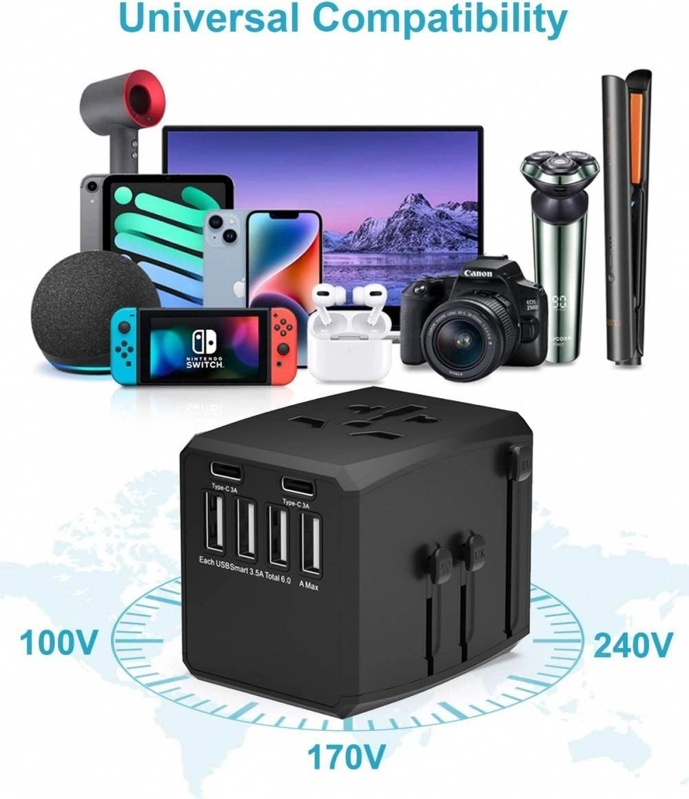 Global Universal Travel Adapter Convertor 4 USB 2 USB-C PD