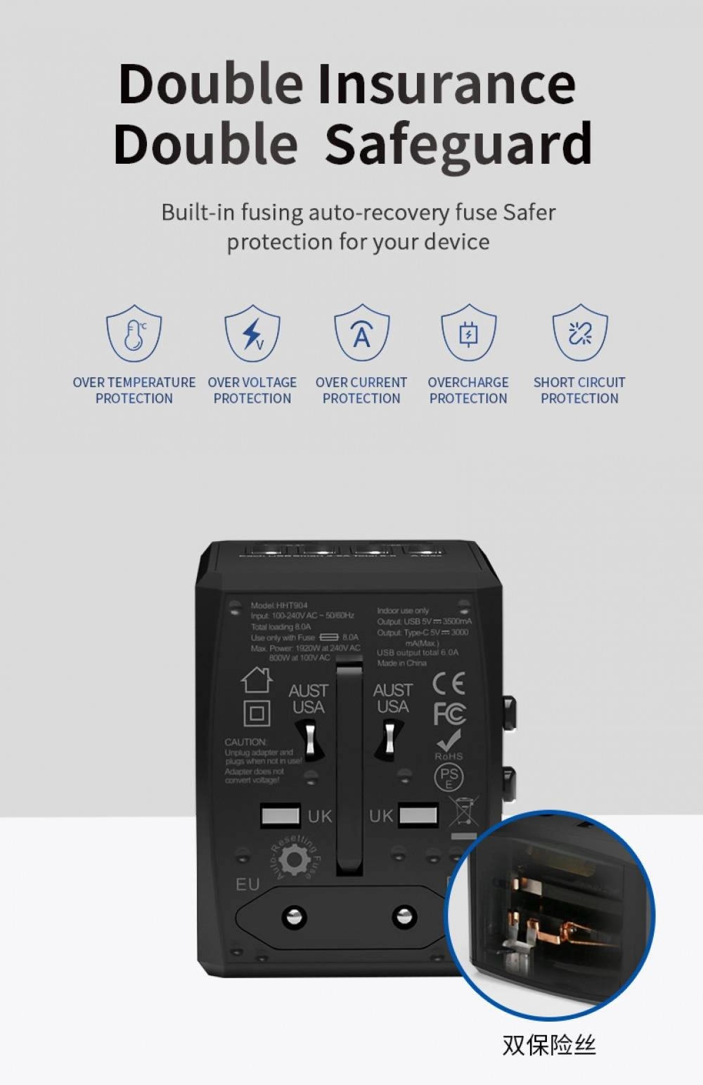 Global Universal Travel Adapter Convertor 4 USB 2 USB-C PD