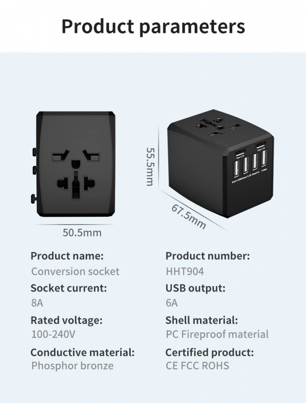 Global Universal Travel Adapter Convertor 4 USB 2 USB-C PD