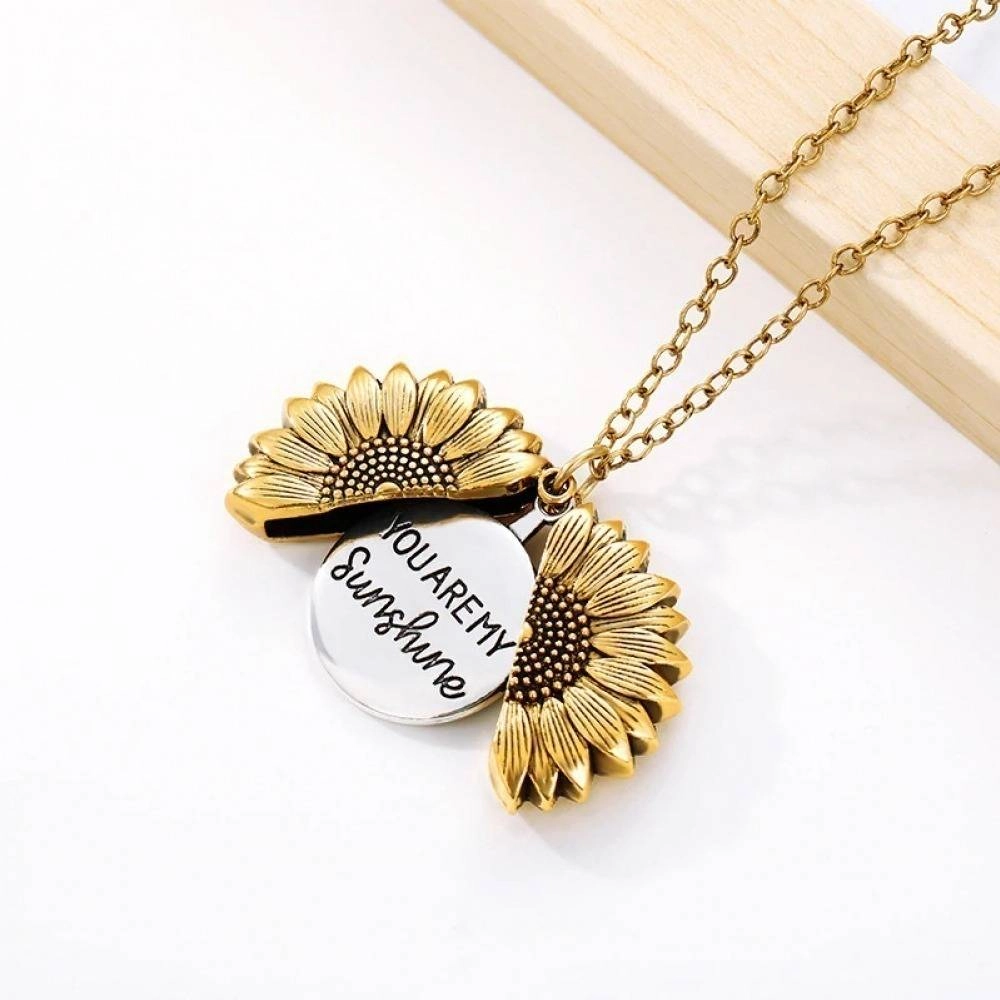 Gold Silver Open Locket You Are My Sunshine Sunflower Necklace For Women