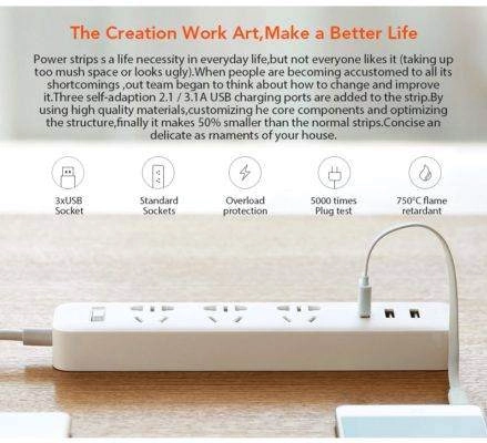 Xiaomi Power Extension Cord Household Lead with 3 USB 1.8M White