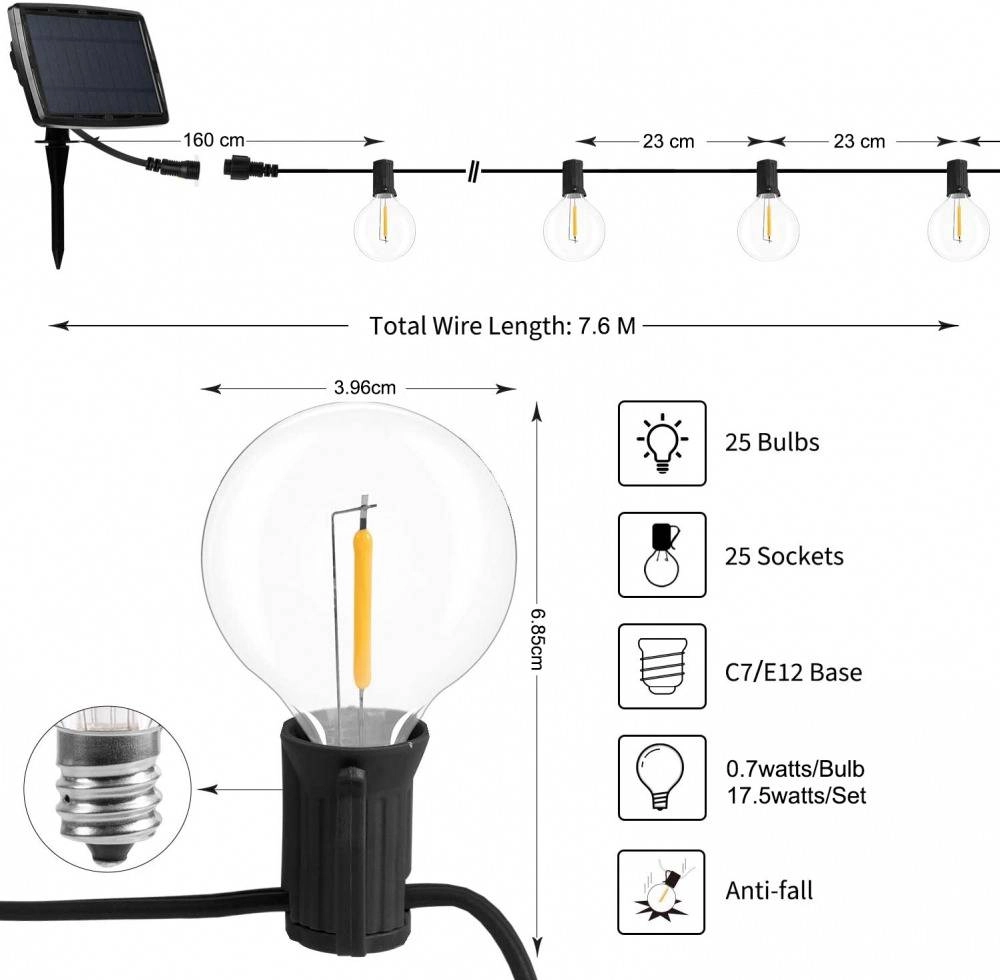 Solar String Lights Outdoor G40 Patio Lights with 25 LED Bulbs, 4 Light Modes, 7.6M