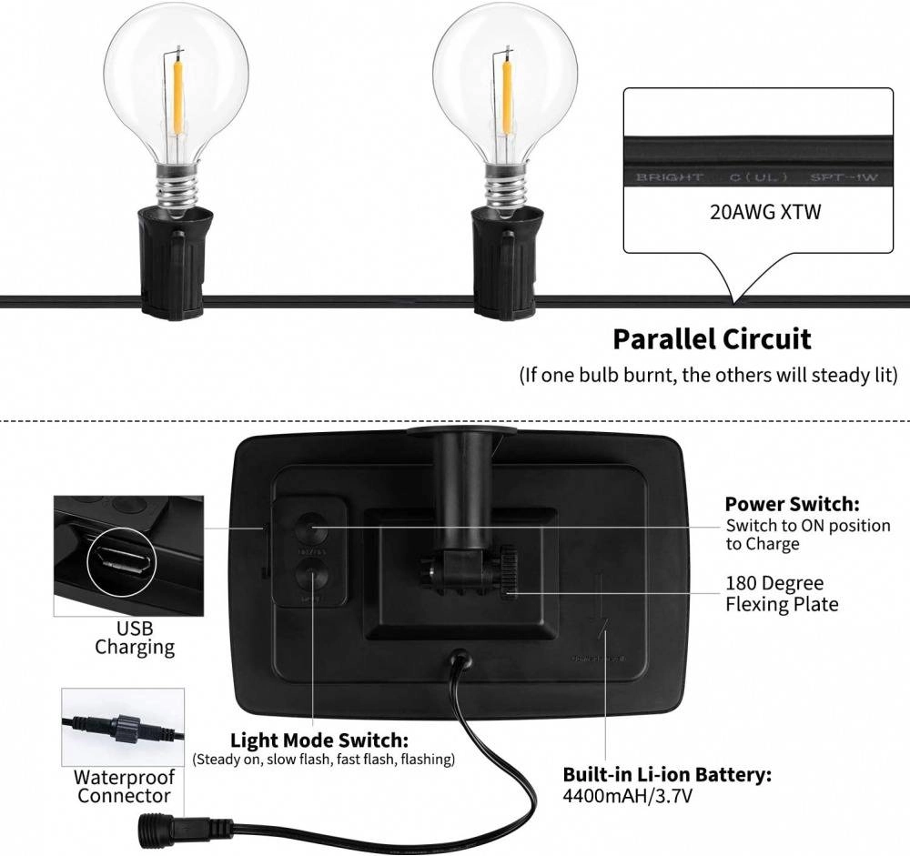 Solar String Lights Outdoor G40 Patio Lights with 25 LED Bulbs, 4 Light Modes, 7.6M