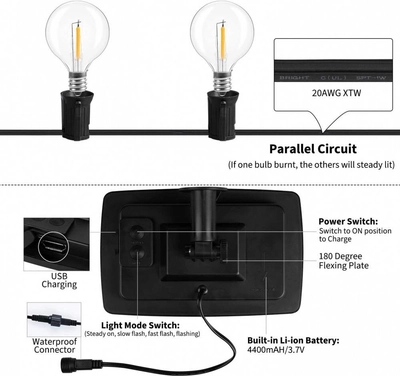 Solar String Lights Outdoor G40 Patio Lights with 25 LED Bulbs, 4 Light Modes, 7.6M