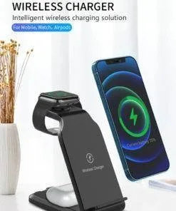 3 in 1 Wireless Charger Stand iPhone 12 Apple Watch AirPods Pro Android Black FREE SHIP