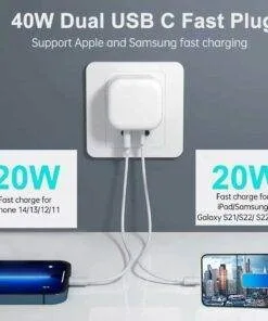 40W Dual USB-C Type-C PD Wall Charger Adapter for iPhone Samsung
